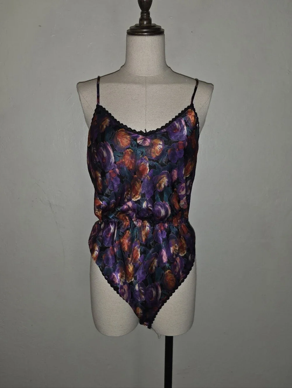 Vintage Myonne 1980s Floral Teddy Bodysuit Camisole Tank Top Lingerie - Picture 2 of 14